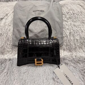 BALENCIAGA HOURGLASS XS HANDBAG CROCODILE EMBOSSED IN BLACK